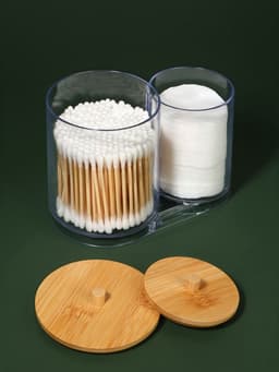 Органайзер для ватных палочек и дисков BAMBOO, с крышкой, 15.5×8.5×12 см, прозрачный, коричневый