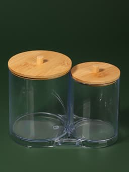 Органайзер для ватных палочек и дисков BAMBOO, с крышкой, 15.5×8.5×12 см, прозрачный, коричневый