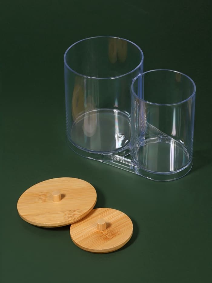 Органайзер для ватных палочек и дисков BAMBOO, с крышкой, 15.5×8.5×12 см, прозрачный, коричневый