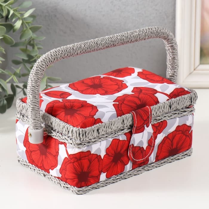 Шкатулка для рукоделия и шитья «Красные маки на белом», хранение ниток, иголок, мелочи, 18×12×9.5 см