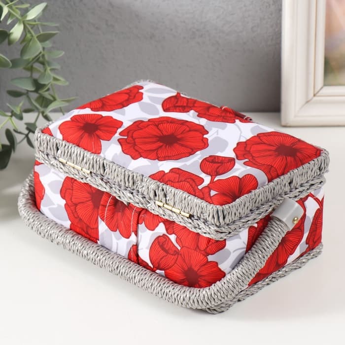 Шкатулка для рукоделия и шитья «Красные маки на белом», хранение ниток, иголок, мелочи, 18×12×9.5 см