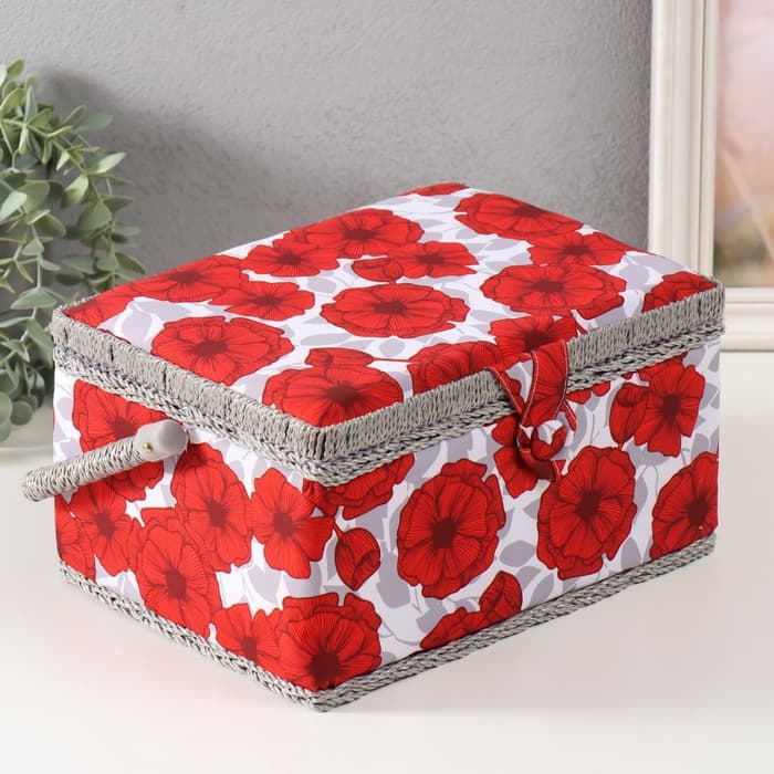 Шкатулка для рукоделия и шитья «Красные маки на белом», хранение ниток, иголок, мелочи, 19×26×14.5 см