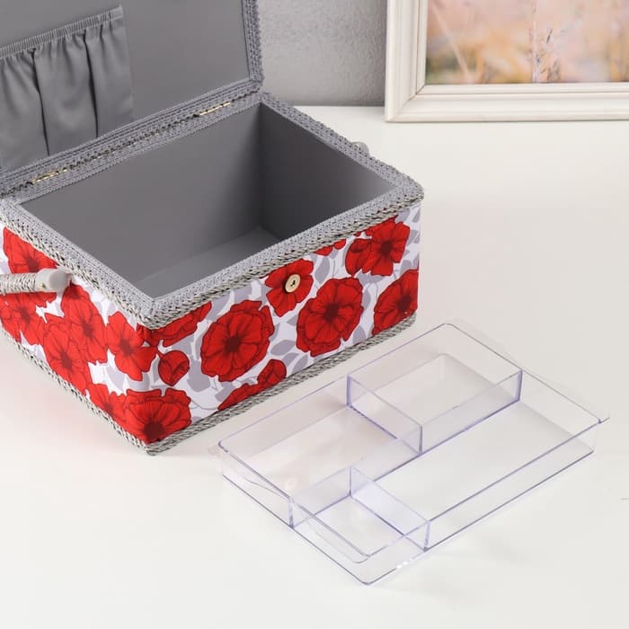 Шкатулка для рукоделия и шитья «Красные маки на белом», хранение ниток, иголок, мелочи, 19×26×14.5 см