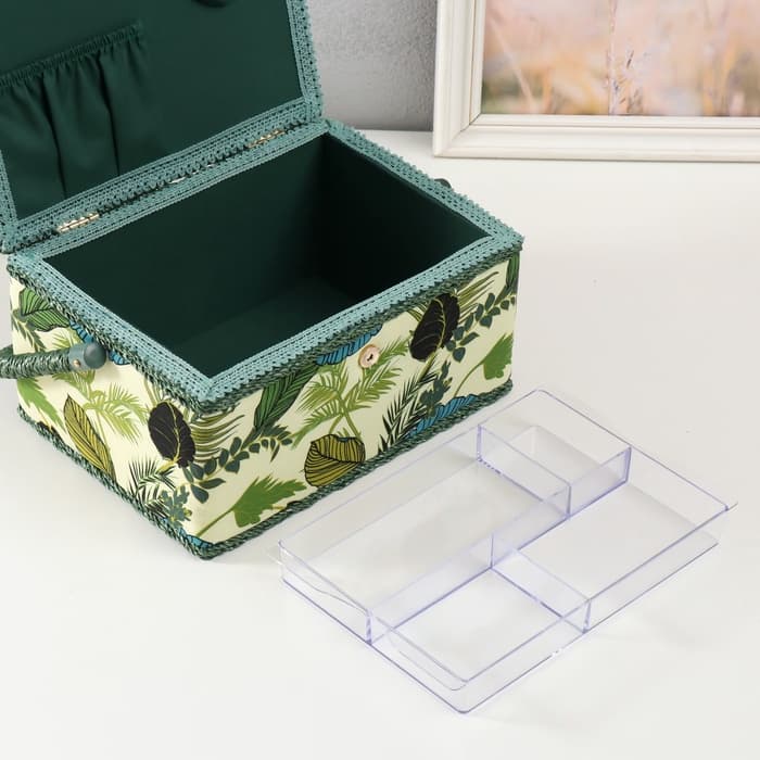 Шкатулка для рукоделия и шитья «Тропические листья на зелёном», хранение ниток, иголок, мелочи, 19×26×14.5 см