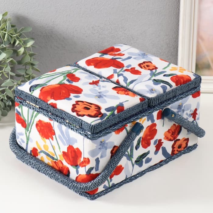 Шкатулка для рукоделия и шитья «Летние цветы на белом», хранение ниток, иголок, мелочи, 19×26×14.5 см
