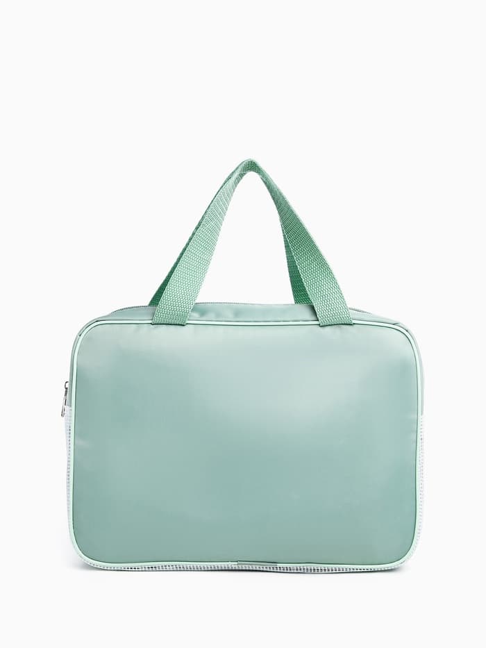 Косметичка - сумочка на молнии с сеткой, с ручками, с вышивкой, зелёная