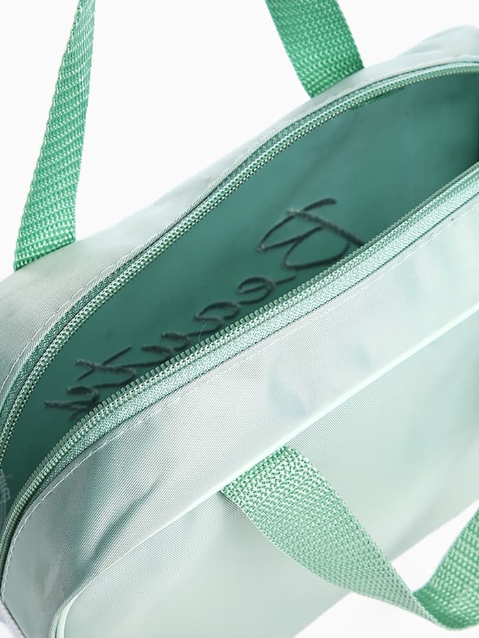 Косметичка - сумочка на молнии с сеткой, с ручками, с вышивкой, зелёная