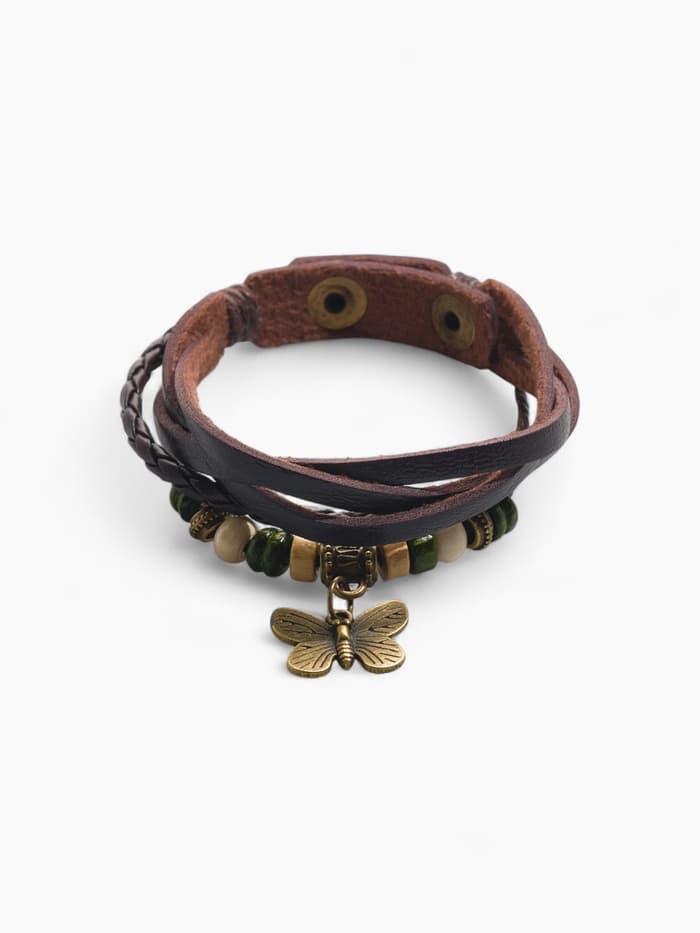 Браслет кожаный с подвеской «Бабочка», L=22.5 см, коричневый