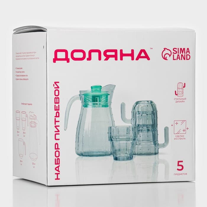 Набор для напитков Доляна «Аква», 5 предметов: кувшин 1.2 л, 2 кружки 285 мл, 2 стакана 285 мл, стекло, прозрачный