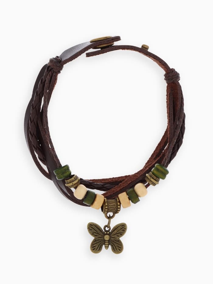 Браслет кожаный с подвеской «Бабочка», L=22.5 см, коричневый