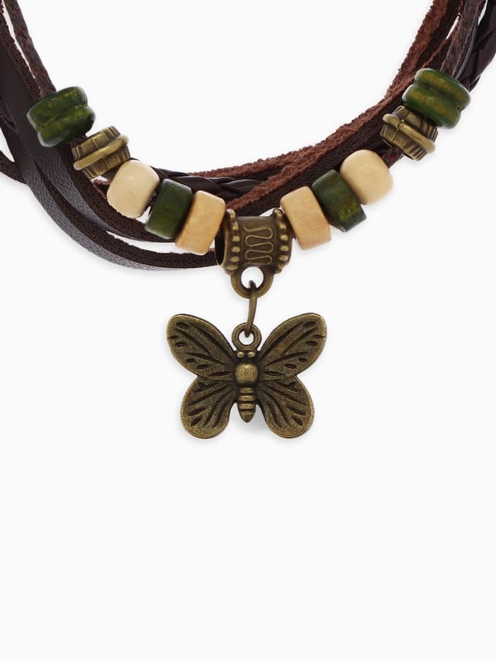 Браслет кожаный с подвеской «Бабочка», L=22.5 см, коричневый