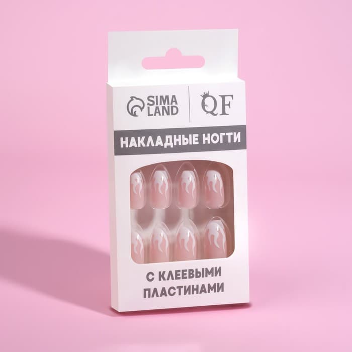 Накладные ногти «Fire», 12 шт., с клеевыми пластинами, форма балерина, розовые, белые