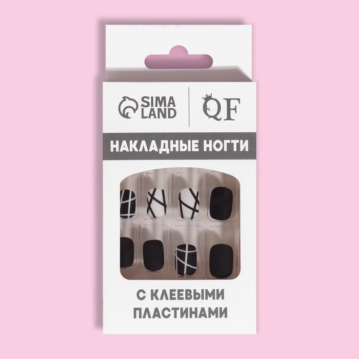 Накладные ногти «Black», 12 шт., с клеевыми пластинами, форма мягкий квадрат, чёрные, белые