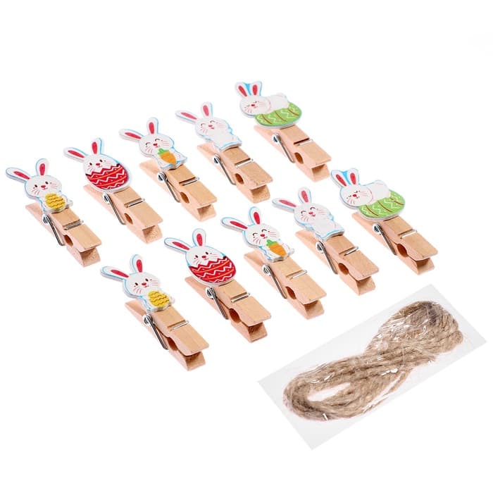 Прищепки декоративные на пасху «Зайчики и яички» набор 10 шт., 1.5×12×14 см