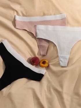 Трусы женские бразильяно MINAKU в рубчик, набор 3 шт., размер 44-46, белые, бежевые, чёрные