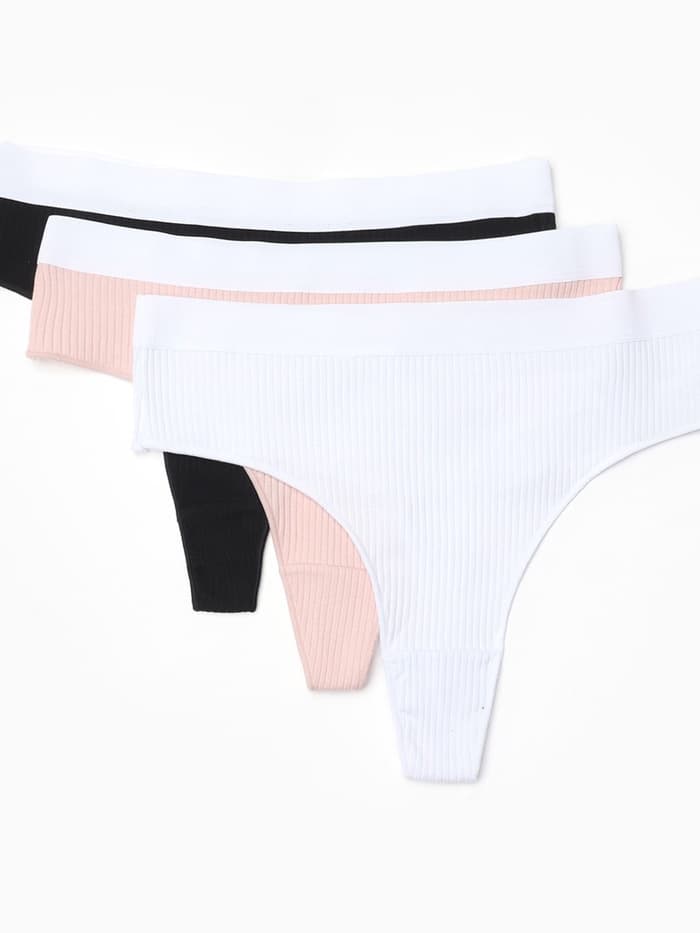 Трусы женские бразильяно MINAKU в рубчик, набор 3 шт., размер 44-46, белые, бежевые, чёрные