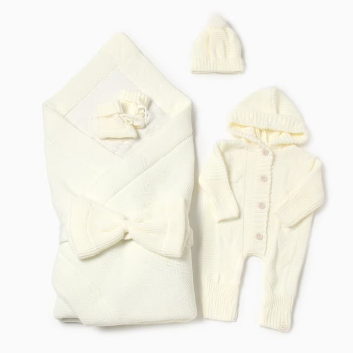 Набор для выписки «Крошка Я» (одеяло-конверт, бант, комбинезон, пинетки, шапочка), цвет молочный