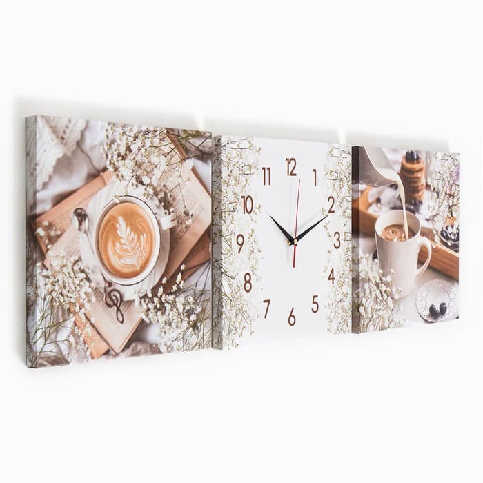 Часы - картина настенные «Кофе», модульные, бесшумные, 35×110 см, триптих