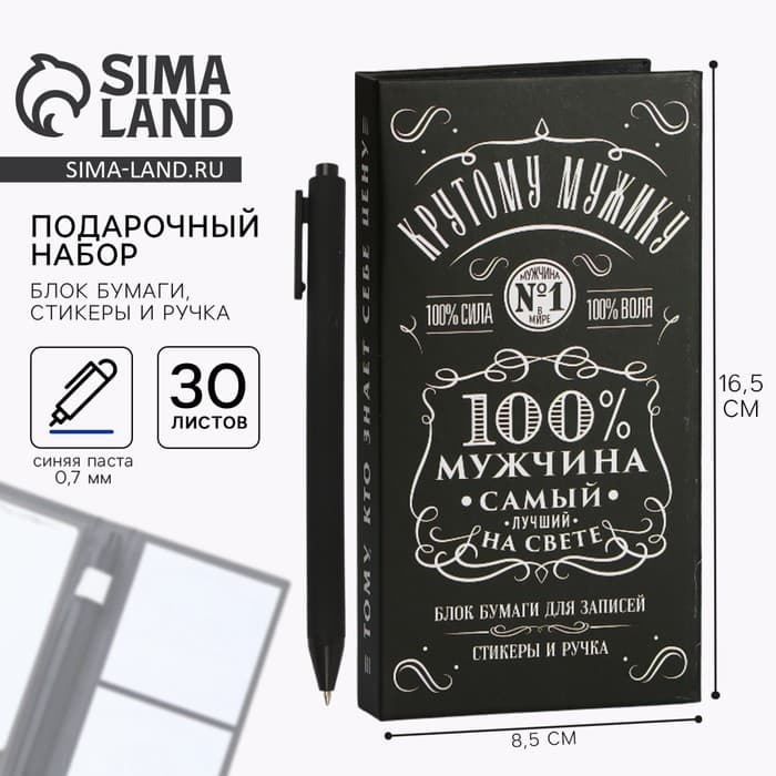 Подарочный набор, блок бумаг для записей, стикеры, ручка «100% мужчина»