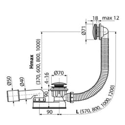 Сифон для ванны Alcadrain A507CKM, стоковое отверстие d=52, система click/clack, длина сифона 57 см