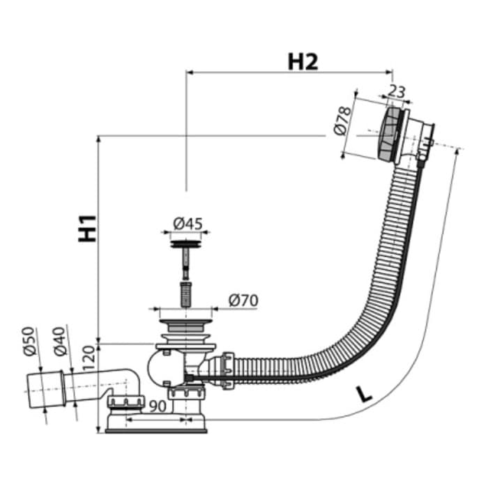 Сифон для ванны Alcadrain A55K-80-RU-01, автомат, 57 см