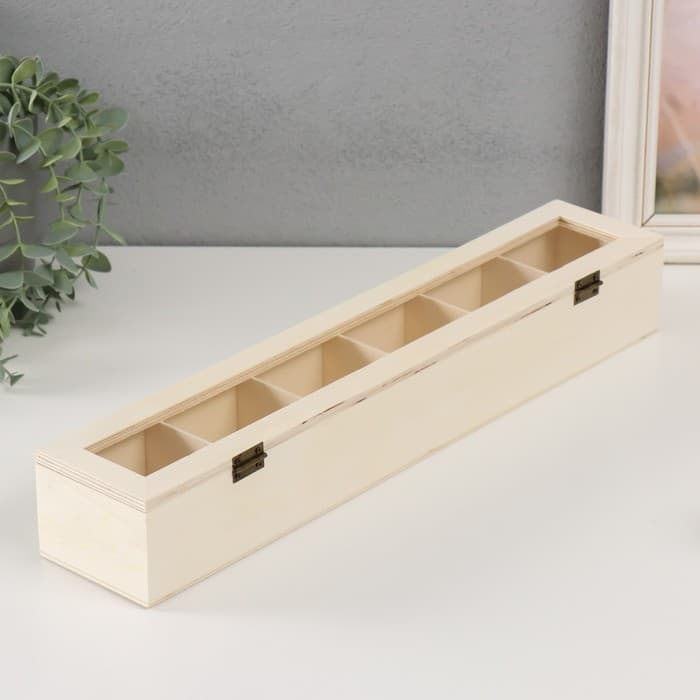 Шкатулка для росписи дерево со стеклом и делениями «Прямоугольная», для творчества, декора, без замка, 45×8.5×6.5 см