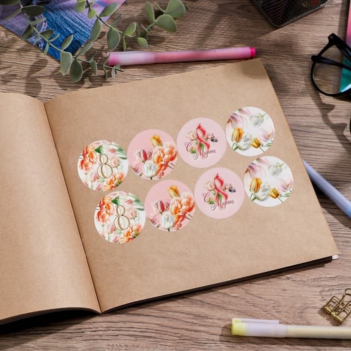 Наклейки для бизнеса и подарков и цветов, «С 8 марта», цветы, 40 шт., 4×4 см