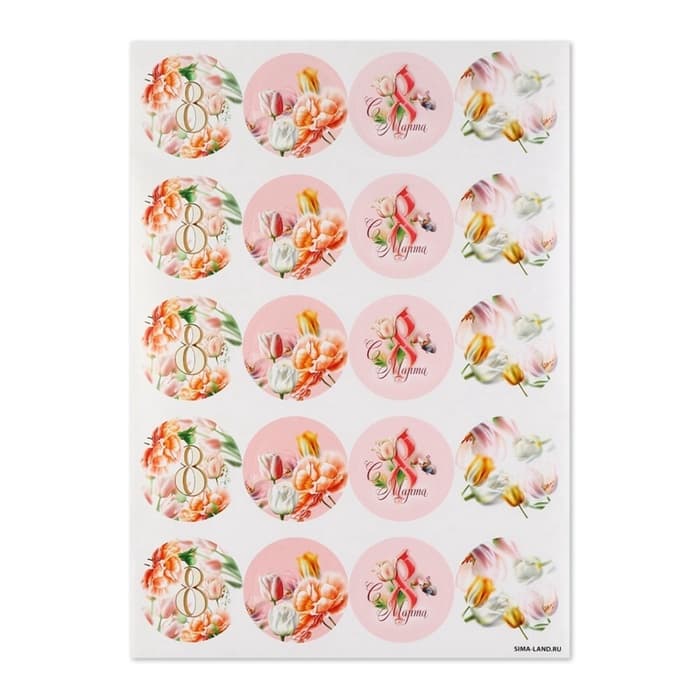 Наклейки для бизнеса и подарков и цветов, «С 8 марта», цветы, 40 шт., 4×4 см