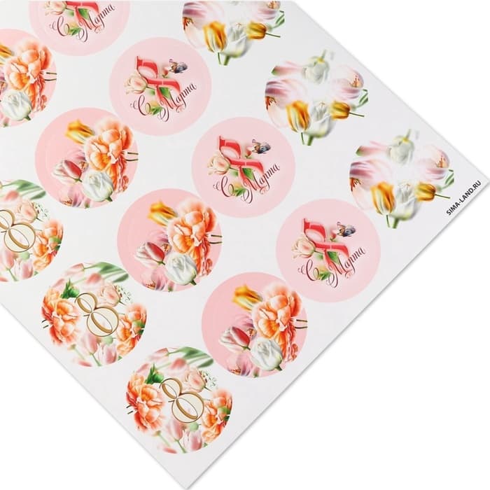 Наклейки для бизнеса и подарков и цветов, «С 8 марта», цветы, 40 шт., 4×4 см