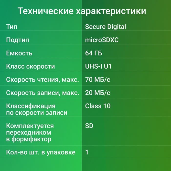 Карта памяти Digma CARD10 V10, 64 Гб, microSDXC, UHS-I, U1, класс 10, с адаптером SD