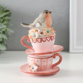 Фигурка полистоун «Снегирь сидит на чашечках, с цветами», 9×9×14 см