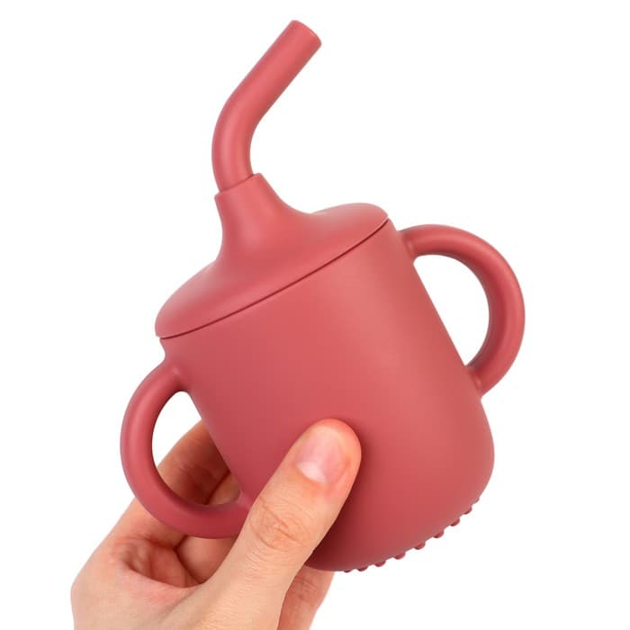 Поильник детский M&B «Try again» с трубочкой, силиконовый, от 5 мес., 200 мл., с ручками, цвет вишневый