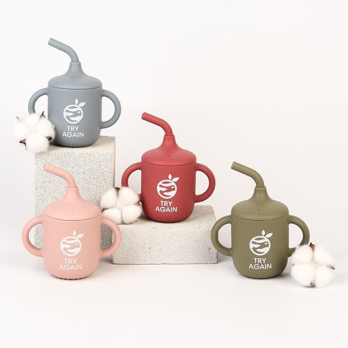 Поильник детский M&B «Try again» с трубочкой, силиконовый, от 5 мес., 200 мл., с ручками, цвет вишневый