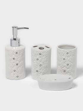 Набор аксессуаров для ванной комнаты Доляна «Барельеф», 4 предмета, дозатор 280 мл, мыльница, 2 стакана, бежевый