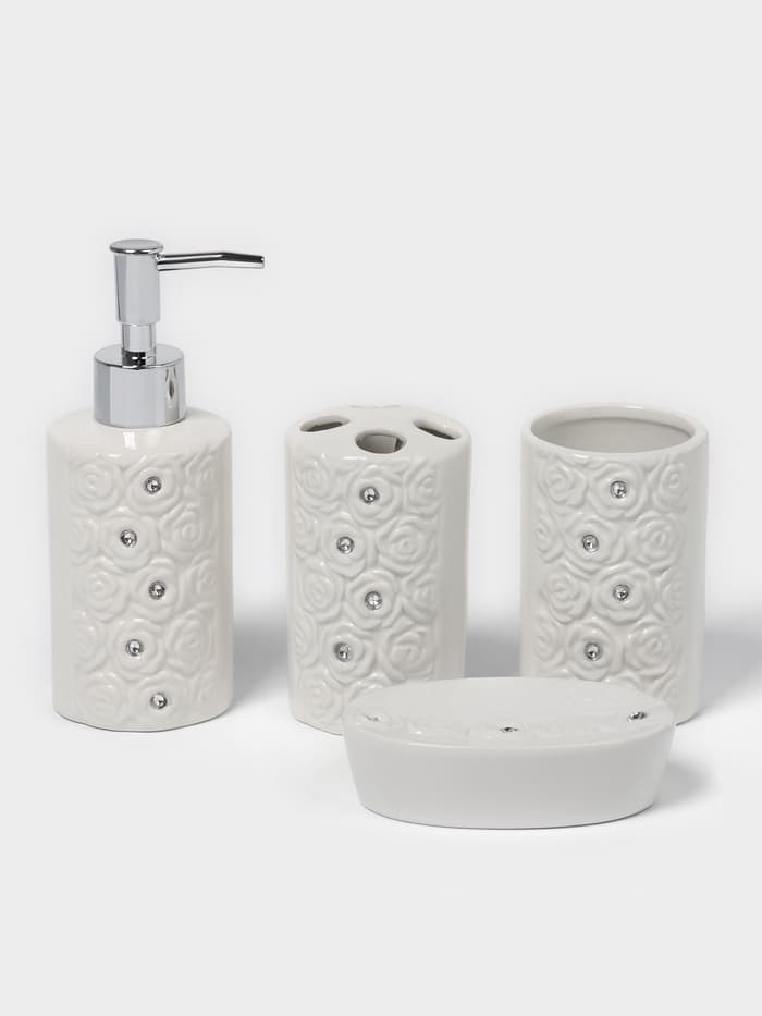 Набор аксессуаров для ванной комнаты Доляна «Барельеф», 4 предмета, дозатор 280 мл, мыльница, 2 стакана, бежевый