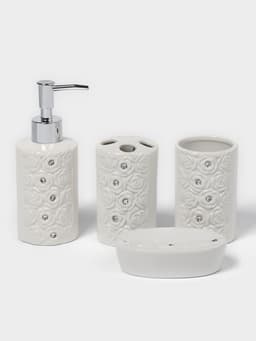Набор аксессуаров для ванной комнаты Доляна «Барельеф», 4 предмета, дозатор 280 мл, мыльница, 2 стакана, бежевый