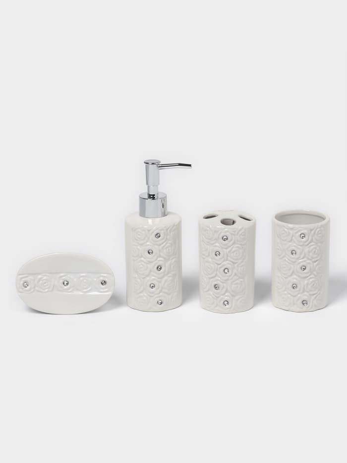 Набор аксессуаров для ванной комнаты Доляна «Барельеф», 4 предмета, дозатор 280 мл, мыльница, 2 стакана, бежевый