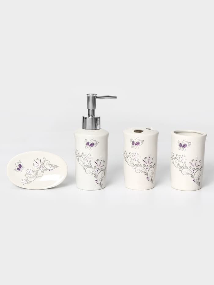 Аксессуары для ванной Доляна «Изящество», 4 предмета, дозатор 250 мл, мыльница, 2 стакана, белые