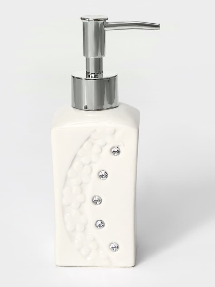 Аксессуары для ванной Доляна «Цветочный барельеф», 4 предмета, дозатор 270 мл, мыльница, 2 стакана 210 мл, белые