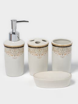 Набор аксессуаров для ванной комнаты Доляна «Золотая роскошь», 4 предмета, дозатор 250 мл, мыльница, 2 стакана, белый