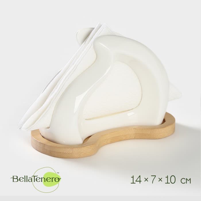 Салфетница BellaTenero, 14×7×10 см, на бамбуковой подставке, керамика, белая
