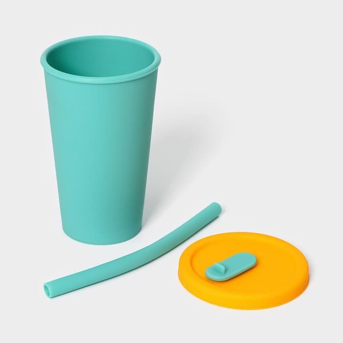 Стакан с крышкой и трубочкой, 350 мл, 9×9×13.5 см, бирюзовый