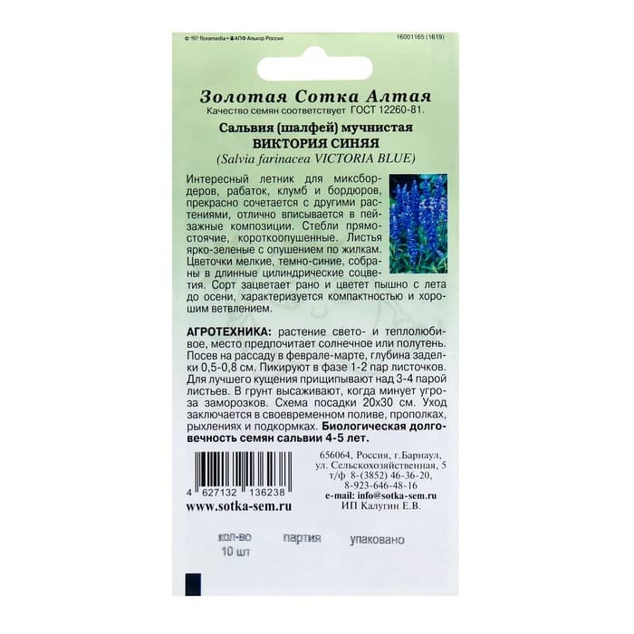 Семена цветов Сальвия «Виктория синяя»,10 шт., «Золотая Сотка Алтая»