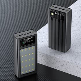 Внешний аккумулятор 485, 10000 мАч, кабели Type-C/Lightning/MicroUSB, фонарь, чёрный
