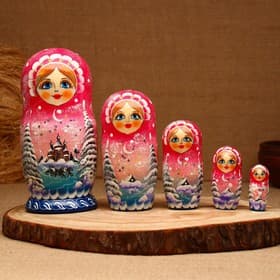 Матрёшка дерево «Зима», розовая, 5 кукольная, люкс