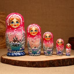 Матрёшка дерево «Зима», розовая, 5 кукольная, люкс