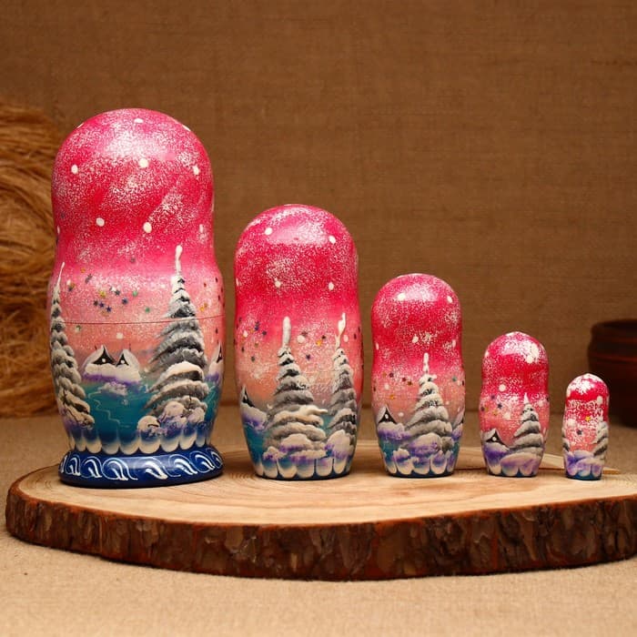 Матрёшка дерево «Зима», розовая, 5 кукольная, люкс