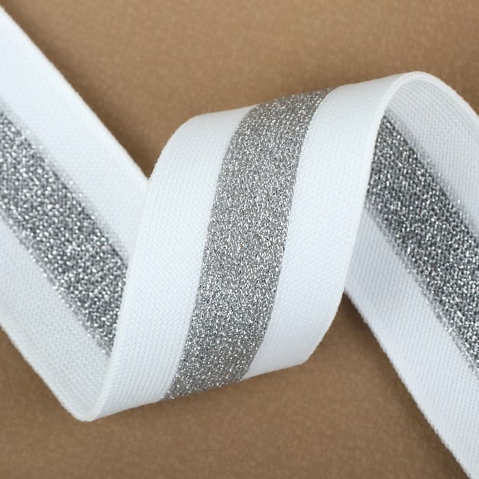 Тесьма трикотажная лампас 40 мм, 9.1 ± 0.5 м, цвет белый/серебряный
