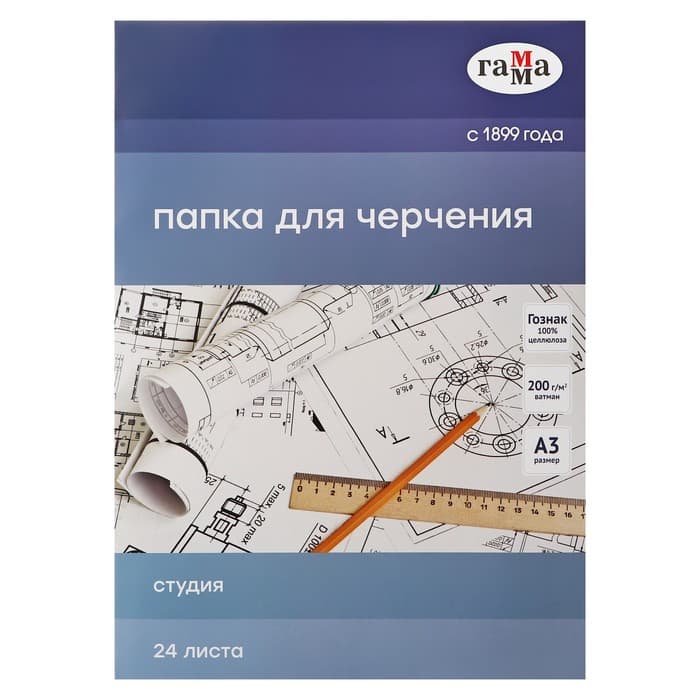 Папка для черчения А3, 24 листа, Гамма «Студия» (бумага Госзнак СПб), без рамки, 200 г/м²