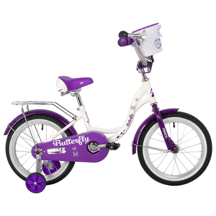 Велосипед детский Novatrack BUTTERFLY, диаметр колёс 16", со съёмными колёсами, с корзиной, белый, фиолетовый